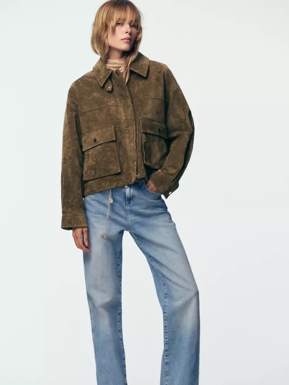 NWT Zara 100% Leather Suede Bomber Jacket Khaki Dusty Cocoa Brown - Picture 2 of 14